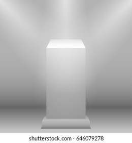 Museum Pedestal, White Empty 3d Podium And Spotlights. Realistic Pedestal Vector Illustration