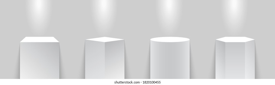 Museum podium. Museum stage. Realistic cubes podium. Geometric gallery blank stands. Spotlight illuminated pedestals or stands. Realistic podium museum, blank pedestal box illustration. Vector. Eps10