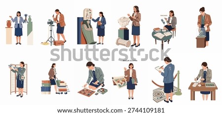 Museum professionals performing various tasks related to artifact preservation, research, education, and exhibition, showcasing their diverse roles in cultural heritage.