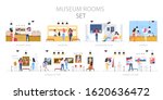 Museum room interior with exhibition and visitors. People in the museum. Modern artwork exhibit. People taking photo of the painting, buying souvenirs. Vector illustration in cartoon style