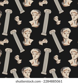 Museum seamless pattern. Vector. Historical museum. Statue and papyrus, column. Flat illustration for fabrics, wallpaper