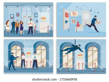 Guardia de Seguridad de los Museos y Protección contra Robos. Excursión de grupo. Exposición de Historia Medieval. Maestro ladrón en máscara robando corona y famoso retrato de figura. Conjunto de escenas de personas. Ilustración vectorial