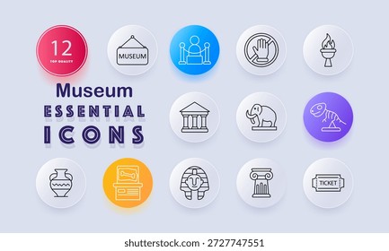 Icono de conjunto de museo. Edificio, barrera de la cuerda, mano sin tacto, antorcha, elefante, esqueleto de dinosaurio, florero, exhibición, sarcófago, pilar, boleto dibujado en estilo de exposición delineado.