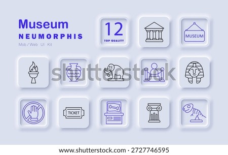 Museum set icon. Building, vase, mammoth, sarcophagus, column, torch, skeleton, ticket, exhibition, barrier, sign, artifact cultural place with ancient history, archeology, art, relics.