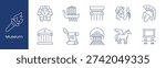Museum set icon. Collection with pharaoh mask, viking ship, ancient column, archer statue, spartan helmet, temple facade, scroll parchment, classical building, winged horse, framed artwork