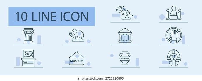Symbol für Museumssatz. Spalte, Mammut, Dinosaurier, Gebäude, Töpferei, Sarkophag, Fossil, Ausstellung, Ticket, Statue, Geschichte, Kultur, Skulptur, Artefakt, Relikt, Tour, Archäologie, Erbe