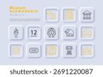 Museum set icon. Dinosaur, sarcophagus, sculpture, ticket, vase, torch, bones, exhibit, column, sphinx, entrance, woolly mammoth