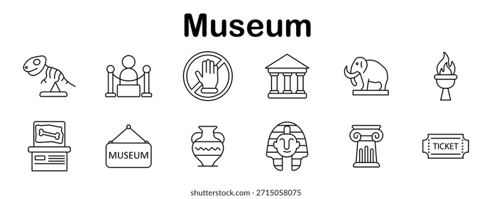 Icono de conjunto de museo. Esqueleto de dinosaurio, escultura, signo de no tocar, edificio, mamut, antorcha, fósil, signo colgante, ánfora, sarcófago, columna, boleto de admisión representado.