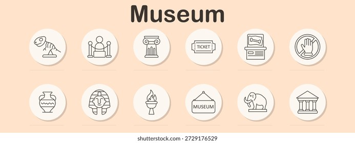 Ícone do conjunto do museu. Esqueleto de dinossauro, barreira de exposição, coluna, bilhete, artefato, ícone de mão, vaso, faraó, tocha, tabuleiro, mamute, construção.
