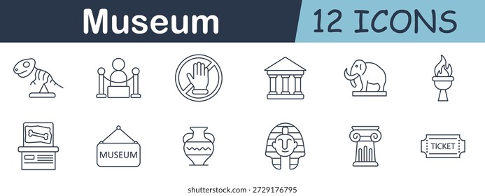 Museum set icon. Dinosaur skeleton, rope barrier, hand sign, building, mammoth, torch, exhibit sign, pottery, sphinx, column, and entry ticket in cultural outline style.