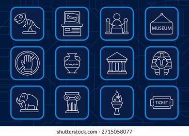 Museum set icon. Exhibit, dinosaur, statue, pottery, sphinx, torch, column, ticket, restriction sign, building, history, culture, education.