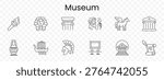 Museum set icon. Outline heritage artifacts, torch, pharaoh mask, ancient column, sculpture head, winged horse, classical building, amphora vase, viking ship, helmet, exhibition frame, temple, scroll.