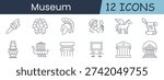 Museum set icon. Torch, pharaoh, helmet, statue, pegasus, scroll, amphora, ship, column, frame, gallery, temple, history, archaeology, culture, heritage