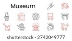 Museum set icon. Torch, statue, vase, gallery frame, column, scroll, ship, temple, helmet, pegasus, sphinx, history, culture, exhibition, heritage, art
