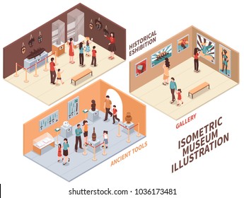 Museum set of isometric compositions with historical exhibition, ancient tools exposition, art gallery isolated vector illustration