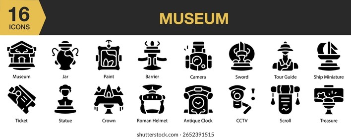 Museum solid icon set. Editable Stroke Icon Collection. Includes museum, architecture, building, art, travel, and More. Solid icons vector collection.