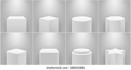 Museum stage. Empty product pedestal, white column. Platform for exhibition, expo podium and spotlight 3d realistic isolated vector set. Gallery geometric stands of different shape for exhibits