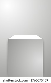 Museum stage. Realistic cube podium, 3d exhibit display. Gallery geometric blank product stand. Spotlight illuminates pedestal vector eps10