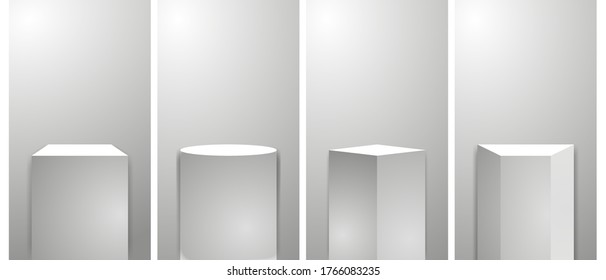 Museum stage. Realistic cubes podium, 3d exhibit displays. Gallery geometric blank product stands. Spotlight illuminates pedestal vector set