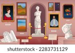 Museum statue. Sculpture anthropology exhibition paintings on wall inside ancient castle or gallery hall, ancient palace interior, cartoon ingenious vector illustration of statue sculpture museum art