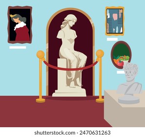 Museum statue. Sculpture anthropology exhibition paintings on wall inside ancient castle or gallery hall, ancient palace interior, cartoon ingenious vector illustration of statue sculpture museum art.