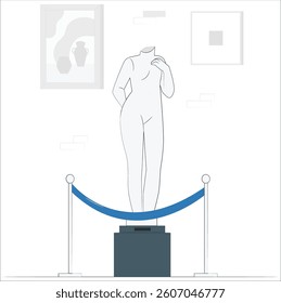 Museum statue. Sculpture anthropology exhibition paintings on wall inside ancient castle or gallery hall, ancient palace interior, cartoon ingenious illustration of statue sculpture museum art. 2665