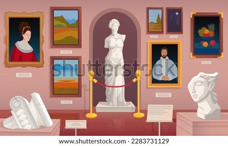 Museum statue. Sculpture anthropology exhibition paintings on wall inside ancient castle or gallery hall, ancient palace interior, cartoon ingenious vector illustration of statue sculpture museum art