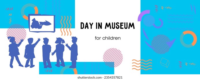 Museum ticket or poster template with kids looking at exhibits, flat vector illustration. Banner or flyer design for children excursion to the museum or art gallery.