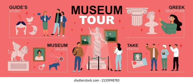 Museum tour infographics layout with visitors looking exhibits ancient values and listening guide story flat vector illustration