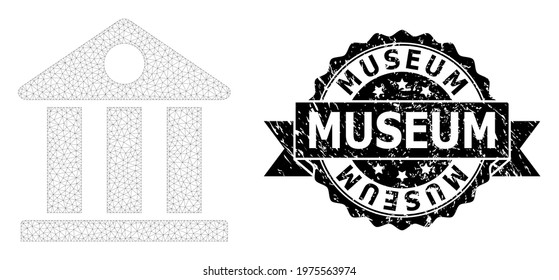 Museum unclean stamp seal and vector museum mesh model. Black stamp seal includes Museum title inside ribbon and rosette. Abstract flat mesh museum, designed with polygonal grid.