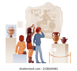 Museum vector. Art gallery exhibition with people. Illustration of ancient greek roman painting statue pottery. Cartoon flat museum. Vector vase exhibition. Historic hall design. Antique art interior