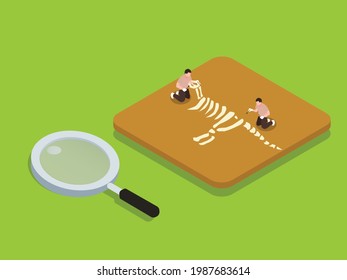 Museum vector concept. Archaeologist digging for dinosaur skeleton