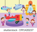 Museum vector concept. Children looking at historical airplane in the museum
