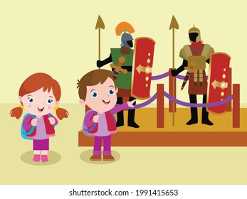 Museum vector concept. Kids looking at ancient soldier with armor and weapon in the museum