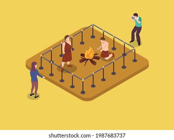 Museum vector concept. People looking at the primordial human statue with bonfire in the museum