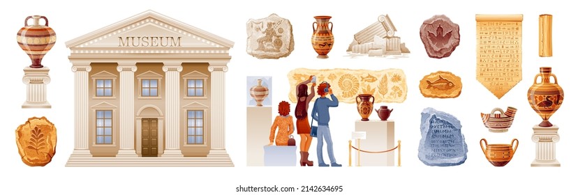 Museum vector. Historical museum. Cartoon art gallery exhibition with statue, dinosaur fossil, ancient greek vase, papyrus, column. Flat illustration. Archeologic interior set, people, building design