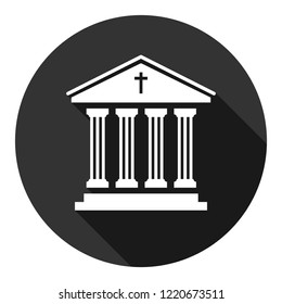 Museum vector icon. Bank sign. Temple icon. Art museum sign. Ancient roman greek temple icon. EPS 10 flat symbol. Round icon with shadow.