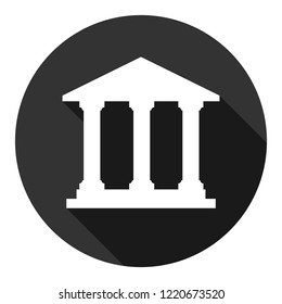Museum vector icon. Bank sign. Temple icon. Art museum sign. Ancient roman greek temple icon. EPS 10 flat symbol. Round icon with shadow.