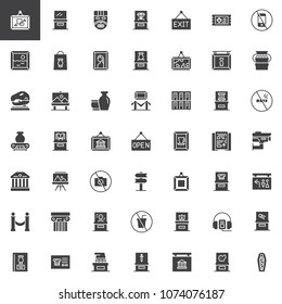 Museum vector icons set, modern solid symbol collection, filled style pictogram pack. Signs, logo illustration. Set includes icons as Mask, Diamond, Painting, Vase, Dinosaur, Picture, Glass showcase