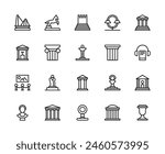 Museum vector linear icons set. Contains such icons as art, hall, paintings, audio guide, history, culture, architecture, sculpture and more. Isolated icon collection of museum on white background.