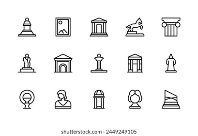 Museum vector linear icons set. Collection contains such icons as sculpture, painting, monument, statues, antiques, archeology and more. Isolated icon collection of museum on white background.