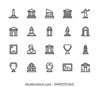 Museum vector linear icons set. Contains such icons as monument, architecture, sculpture, statues, paintings, art, history, culture and more. Isolated icon collection of museum on white background.