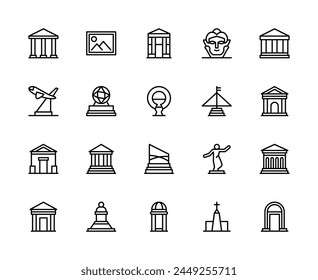 Museum vector linear icons set. Contains such icons as art, story, culture, paintings, statues, exhibits, sculpture, archeology and more. Isolated icon collection of museum on white background.