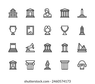 Museum vector linear icons set. Contains such icons as exhibition, antiquities, paintings, audio guide, exhibits, monument and more. Isolated icon collection of museum on white background.