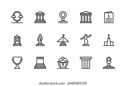 Conjunto de iconos lineales del Vector del museo. La colección contiene íconos como antigüedades, arqueología, reliquias, excursiones, estatuas, esculturas y más. Icono aislado colección de museo sobre fondo blanco.