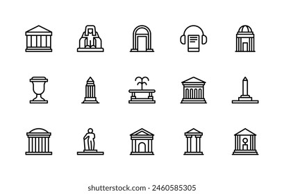 Museum vector linear icons set. Collection contains such icons as exhibition, gallery, audio guide, statues, sculpture, monument and more. Isolated icon collection of museum on white background.