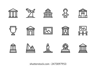 Museum vector linear icons set. Collection contains such icons as archeology, architecture, sculpture, paintings, exposition, history and more. Isolated icon collection of museum on white background.