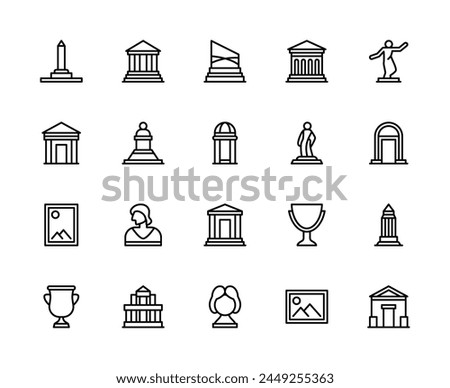 Museum vector linear icons set. Contains such icons as monument, architecture, sculpture, statues, paintings, art, history, culture and more. Isolated icon collection of museum on white background.