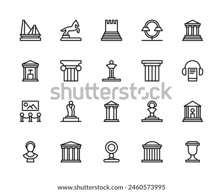 Museum vector linear icons set. Contains such icons as art, hall, paintings, audio guide, history, culture, architecture, sculpture and more. Isolated icon collection of museum on white background.