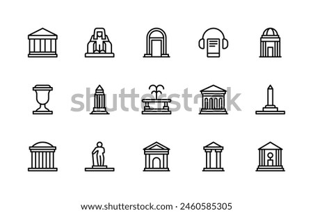 Museum vector linear icons set. Collection contains such icons as exhibition, gallery, audio guide, statues, sculpture, monument and more. Isolated icon collection of museum on white background.